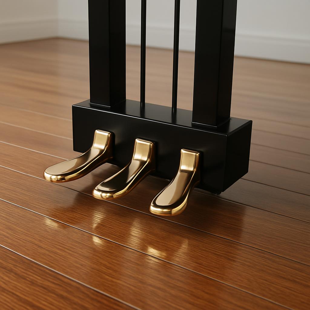A piano's foot pedal, consisting of two black metal legs and two gold-colored brass pedals.
