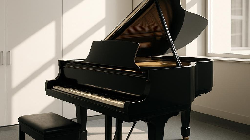 A well-lit black grand piano with a matching bench in what appears to be a snug room, bathed in bright light. Note: Some o...