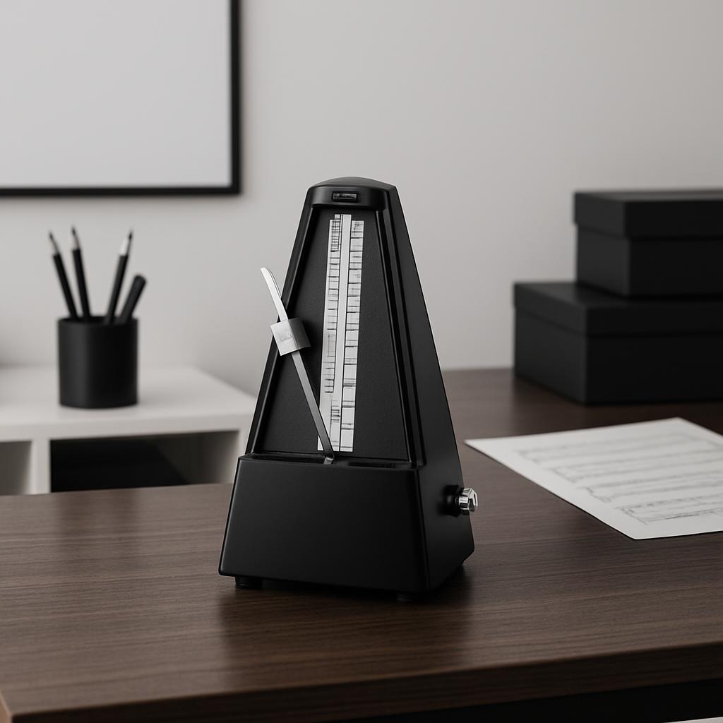 A black metronome on a desk, with a blurred background featuring office supplies and papers.